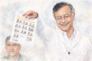 Ilustración en acuarela de Gustavo Petro con anteojos y camisa blanca, sonriendo y sosteniendo un documento con varias fotos; otra persona se ve detrás.