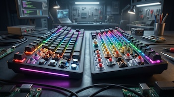 Primer plano detallado de dos teclados gaming con iluminación RGB, uno magnético y otro mecánico, mostrando sus interruptores internos y componentes visibles.