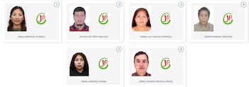 Seis fotos de identificación de candidatos a diputados, dispuestas en una cuadrícula de 2x3, cada una con un logo "JP" y el nombre del candidato