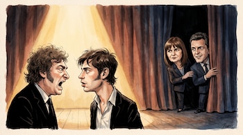Ilustración de Javier Milei y Axel Kicillof frente a frente bajo un foco de luz, mientras Patricia Bullrich y Sergio Massa miran tras una cortina.