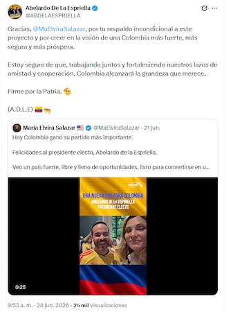 El mandatario electo señaló que, fortaleciendo los lazos de amistad y cooperación con el Gobierno Trump, Colombia alcanzará la grandeza que merece - crédito @ABDELAESPRIELLA/X