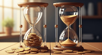 Dos relojes de arena de cristal y madera. El de la izquierda muestra una gran pila de monedas de oro en la base; el de la derecha, arena cayendo y pocas monedas de oro.