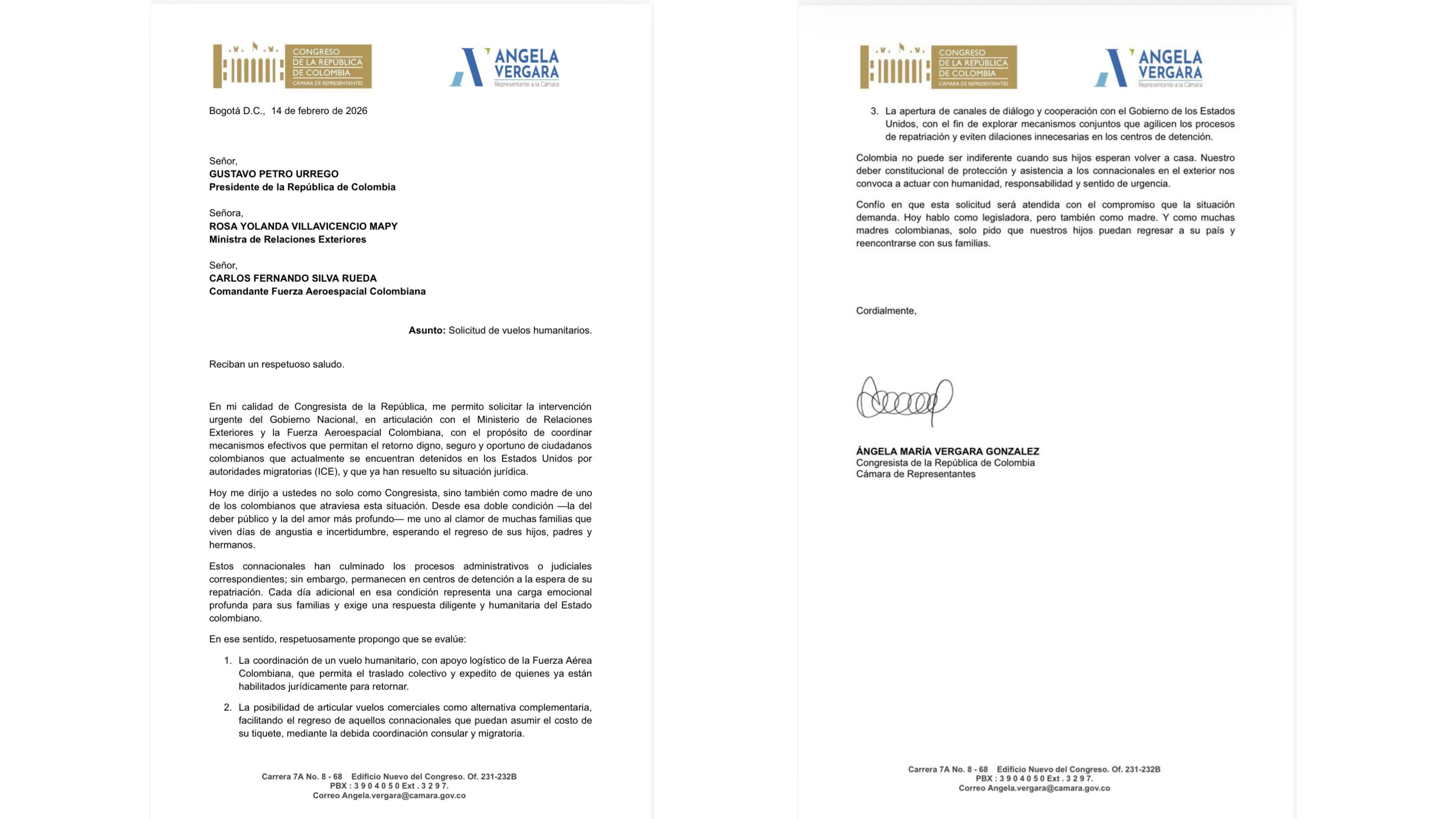 Carta oficial enviada por la representante a la Cámara Ángela María Vergara González al presidente Gustavo Petro Urrego, a la Cancillería y a la Fuerza Aeroespacial Colombiana - crédito red social X
