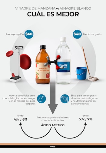 El vinagre blanco y el de manzana comparten el mismo componente activo, pero no los mismos usos ni el mismo precio. (Gráfico Ilustrativo Infobae México)