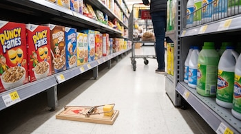 Una trampa para ratones de madera con queso en el suelo de un pasillo de supermercado, estanterías con cajas de cereal y botellas de limpieza, una persona con un carro de compras.