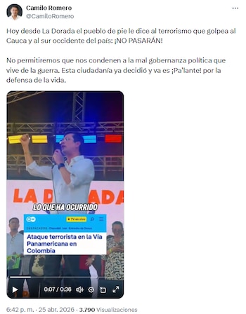 Camilo Romero llamó a la ciudadanía a no resignarse ante la violencia y a defender la vida en Cauca - crédito @CamiloRomero/X