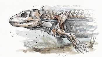 Dibujo anatómico del cráneo, la columna vertebral y la extremidad anterior de un vertebrado fósil con rótulos explicativos a lápiz.
