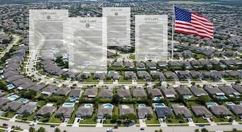 Vista aérea de un suburbio con casas, calles, automóviles, piscinas. Cuatro documentos flotantes con "NEW LAWS". Bandera de Estados Unidos en un mástil.