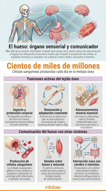 Infografía con esqueleto, cerebro, estómago, intestinos, músculos, hueso cortado con médula, glóbulos rojos y blancos, cristales. Muestra texto explicativo.