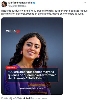 María Fernanda Cabal utilizó la plataforma X para confrontar el mensaje de Sofía Petro - crédito @MariaFdaCabal/X