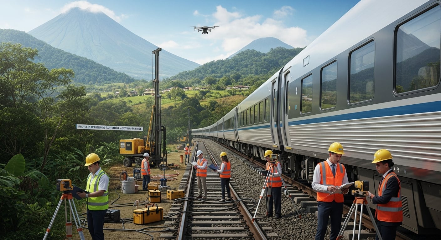 Ingenieros y técnicos en Guatemala realizan estudios técnicos, legales y financieros esenciales para el avance del proyecto ferroviario nacional en un paisaje montañoso. (Imagen Ilustrativa Infobae)