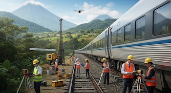 Imagen panorámica de un tren en la vía, trabajadores con chalecos y cascos, equipo de perforación, un dron volando y montañas frondosas de Guatemala al fondo.