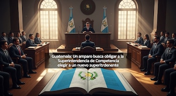 Vista de un tribunal con un juez en el estrado, abogados sentados en las bancadas y un libro abierto con la bandera de Guatemala en primer plano.