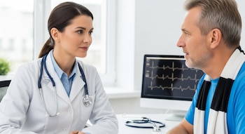 Una doctora con bata blanca y estetoscopio habla con un hombre en un consultorio. Un monitor muestra un electrocardiograma desenfocado. El paciente lleva una bufanda de rayas.