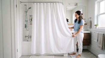 Una mujer vestida con camiseta azul sostiene una cortina de ducha blanca junto a una bañera en un baño con azulejos.
