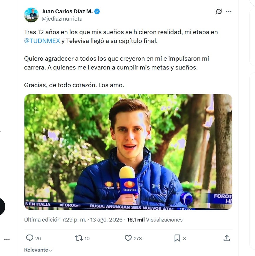 Juan Carlos Díaz Murrieta dejó TUDN (X/ @jcdiazmurrieta)
