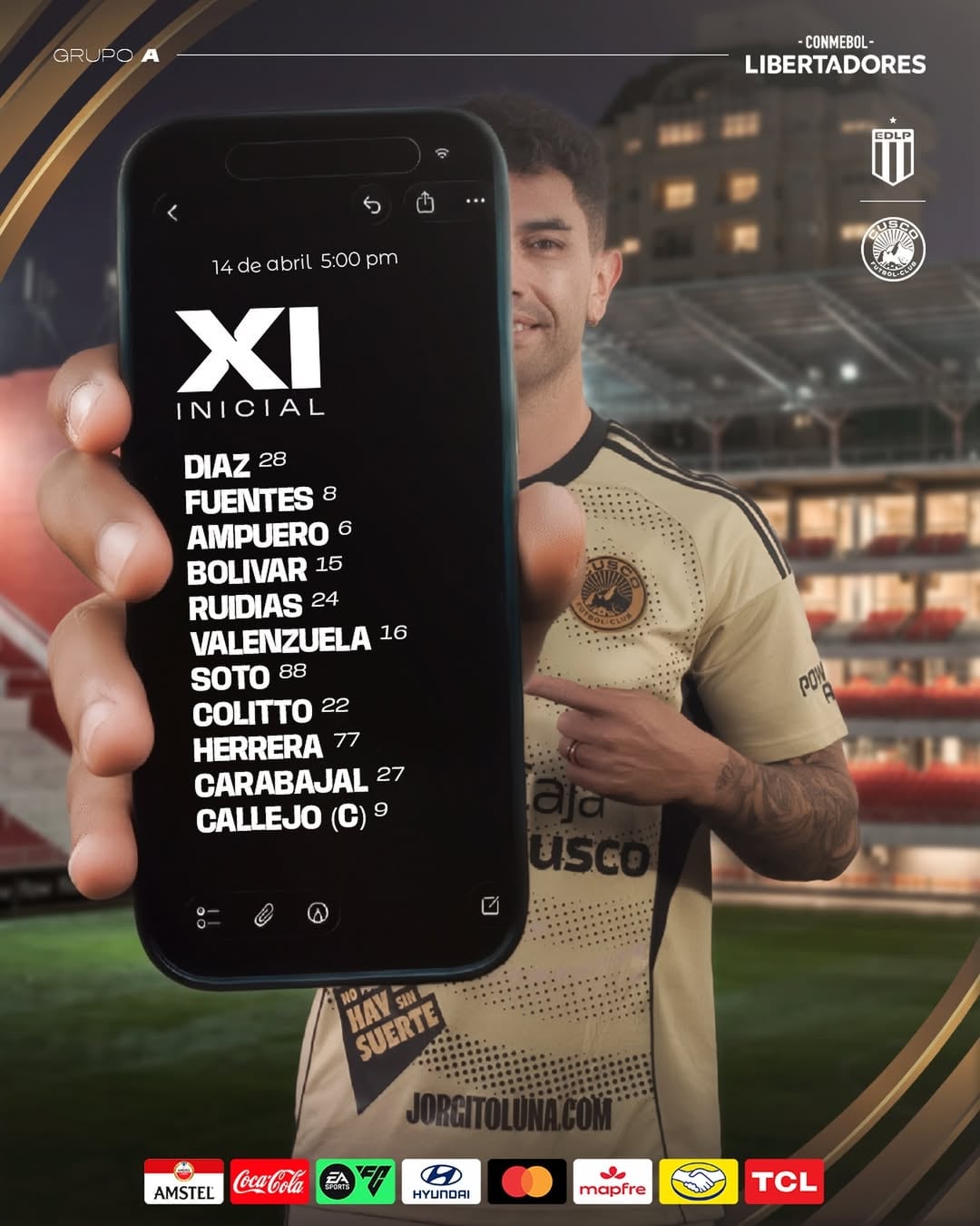 Os escolhidos por Alejandro Orfila para saltar no estádio Jorge Luis Hirschi em La Plata. Crédito: Instagram Cusco FC.