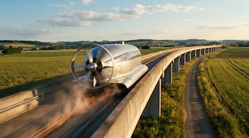 El Aérotrain plateado con hélice trasera se mueve rápidamente sobre una vía elevada de hormigón, atravesando campos verdes y bajo un cielo azul con nubes dispersas.