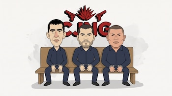Caricatura de tres hombres esposados sentados en un banquillo. Detrás, el logo rojo del Cártel Jalisco Nueva Generación con letras CJNG, pistolas y hojas de agave.