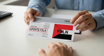 Dos manos sostienen un recibo de sueldo de empleado público nicaragüense con la deducción 'aporte FSLN' destacada y el logo del FSLN en la esquina superior derecha.