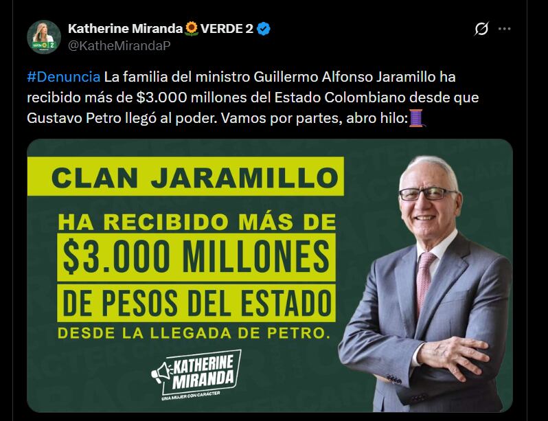 Katherine Miranda afirmó que la familia del alto funcionario ha recibido $3.000 millones desde que Gustavo Petro asumió la Presidencia de Colombia - crédito @KatheMirandaP/X