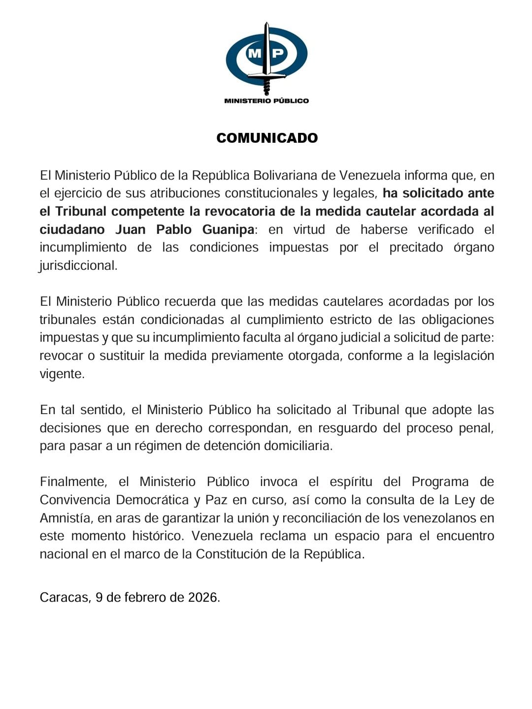 El comunicado de la Fiscalía del régimen venezolano