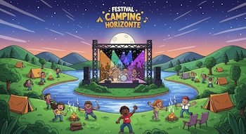 Ilustración de un festival nocturno con escenario de música sobre un río, una banda tocando, público, tiendas de campaña, fogatas y el texto Festival Camping Horizonte.