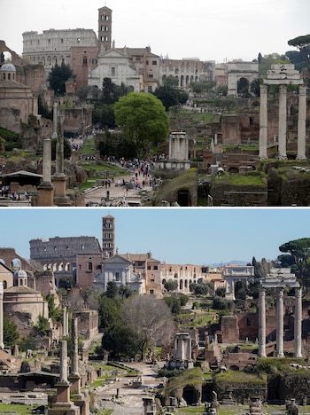 ARCHIVO - En esta imagen combinada, turistas visitando el antiguo Foro de Roma y el Colíseo, en Roma, a las 18:23 del viernes 17 de abril de 2015, arriba, y a las 13:00 del miércoles 11 de marzo de 2020. (AP Foto/Gregorio Borgia/Andrew Medichini)
