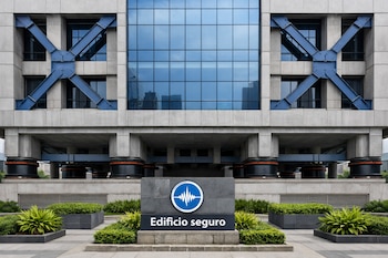 Fachada de edificio con columnas de hormigón, vigas de acero azul en cruz, ventanas de vidrio, aisladores de base y un letrero con círculo azul y 'Edificio seguro'.