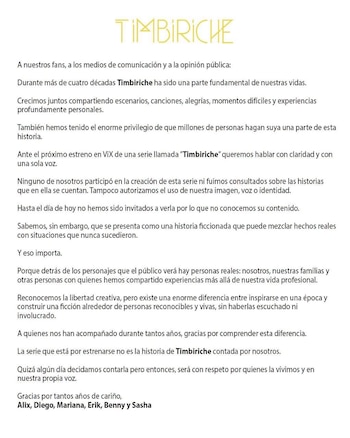 Documento de texto con el logotipo de Timbiriche en la parte superior y un mensaje firmado por Alix, Diego, Mariana, Erik, Benny y Sasha