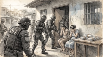 Dibujo de agentes policiales con uniformes negros y cascos allanando una casa. Dos mujeres sentadas cubren sus rostros. Varios paquetes están sobre una mesa de madera.