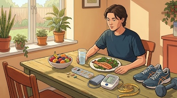 Un joven en una mesa con salmón, ensalada, frutas, agua, pastillas, tensiómetro, cinta métrica, zapatillas y una pesa. Al fondo, una ventana con plantas.