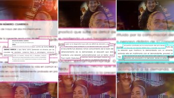 Documento judicial con texto resaltado y parcialmente cubierto por una fotografía de una mujer sonriente y un hombre sonriente
