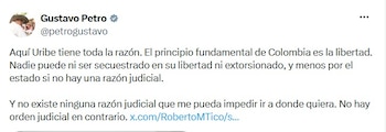 Petro agradeció el apoyo de Álvaro Uribe para que el pueda obtener el permiso para salir del país - crédito @petrogustavo/X