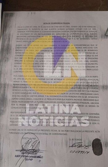 Acta de ocurrencia policial llenada