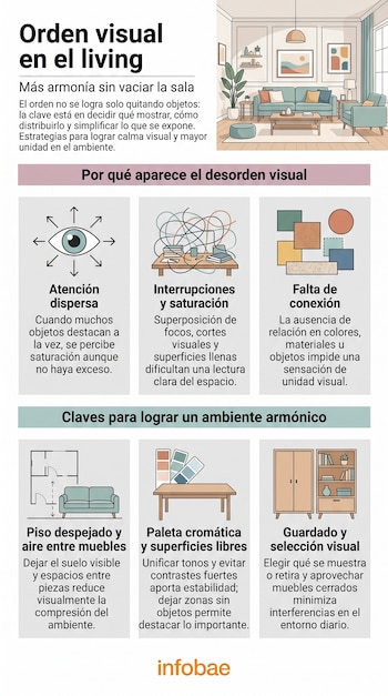 Infografía gráfica con texto, ilustraciones de un living, un ojo con flechas, esquemas de muebles, muestras de color y un armario de madera.