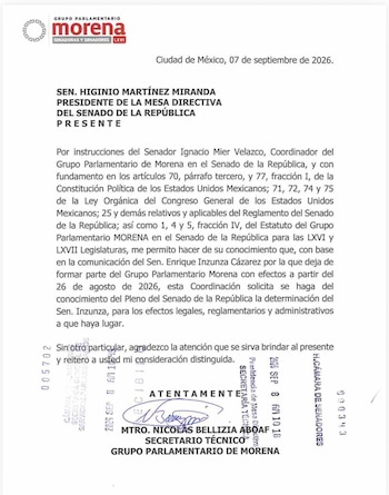 La separación del senador del grupo guinda, anunciada desde agosto, fue turnada al Pleno con casi dos semanas de demora, un lapso que exhibe cómo los procedimientos internos pueden administrar tiempos e interpretaciones