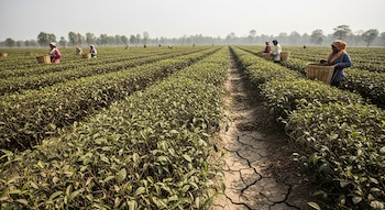 Vista panorámica de una vasta plantación de té en India. Varias mujeres recolectan hojas de té en cestas de mimbre, con caminos de tierra seca y agrietada entre las filas.