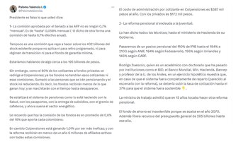 Paloma Valencia negó los argumentos del presidente Petro sobre la reforma pensional - crédito @PalomaValenciaL/X