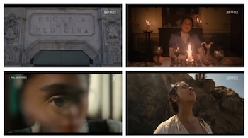 Collage de cuatro imágenes: fachada de edificio con 'Escuela de Medicina', mujer en mesa con velas, ojo en primer plano, mujer en paisaje rocoso. Logo Netflix.
