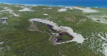 Vista desde arriba de una extensión de vegetación verde, zonas de arena blanca con pequeñas lagunas oscuras y el océano al fondo
