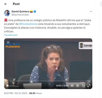 Daniel Quintero aprovechó vídeo de una profesora para cuestionar a Federico Gutiérrez - crédito @QuinteroCalle
