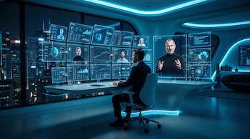 Hombre de negocios sentado en una oficina futurista interactuando con pantallas holográficas flotantes, incluyendo un avatar digital de Steve Jobs.