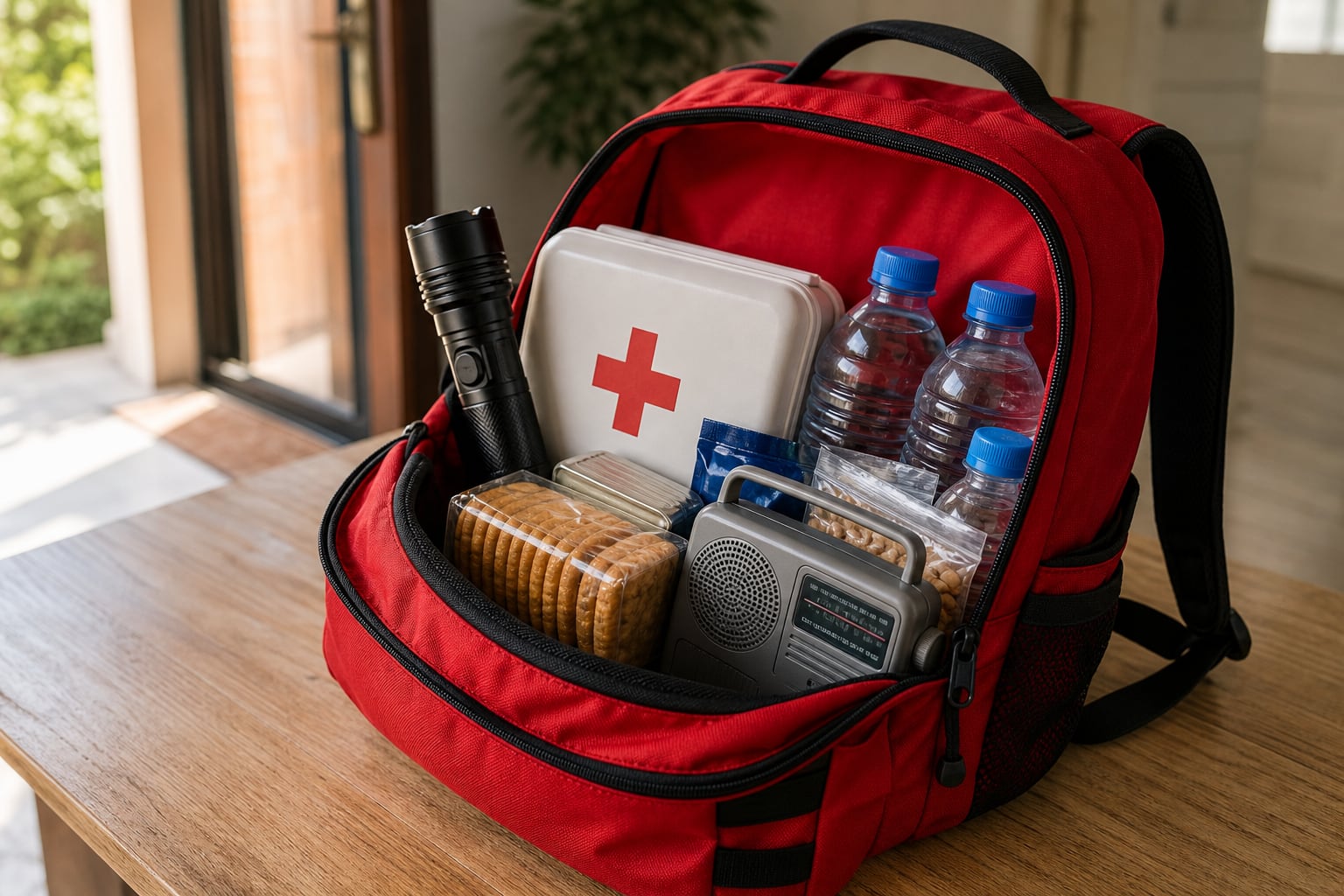 Una mochila de emergencia de color rojo contiene un botiquín de primeros auxilios, agua embotellada, alimentos no perecederos, linterna y radio sobre una mesa. (Imagen Ilustrativa Infobae)
