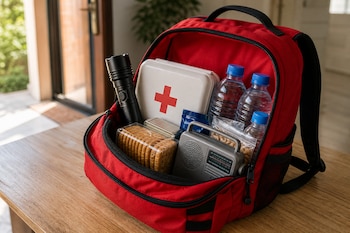 Mochila roja abierta sobre una mesa con botiquín blanco, botellas de agua, linterna negra, radio gris y galletas empaquetadas.