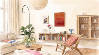 Ilustración de sala de estar con sofá, sillón, mesa de centro, estantería con libros, aparador con copas y cuadros decorativos. Ventana y planta.