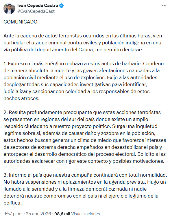 Cepeda insistió en que no habrá cambios en su agenda y llamó a mantener la calma y la firmeza democrática. - crédito @IvanCepedaCast/X