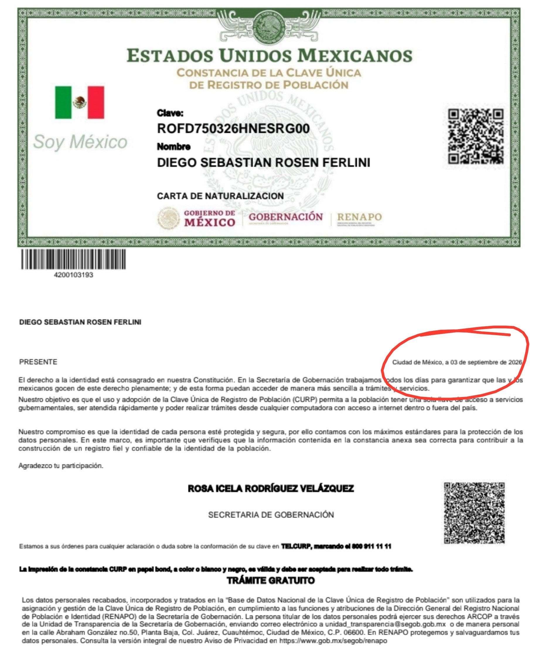 La CURP emitida en la Ciudad de México funge como documento probatorio de una carta de naturalización, pero no acredita la fecha en la que se formalizó el trámite de nacionalidad mexicana del detenido. (Redes Sociales)