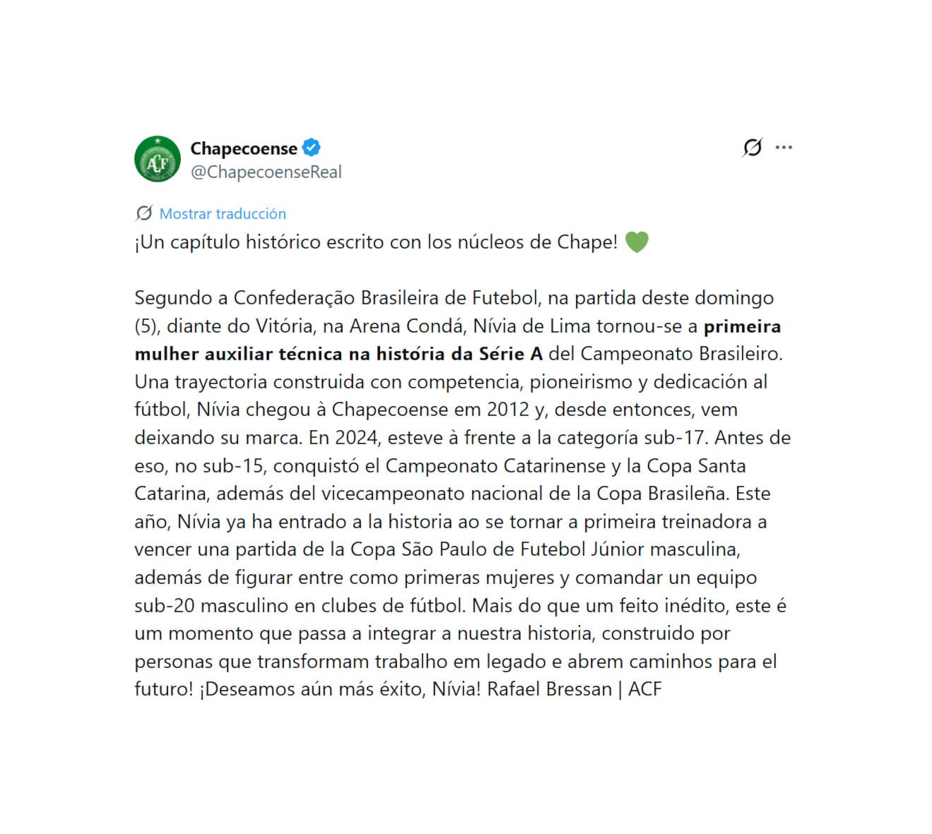 El posteo de Chapecoense sobre el histórico momento