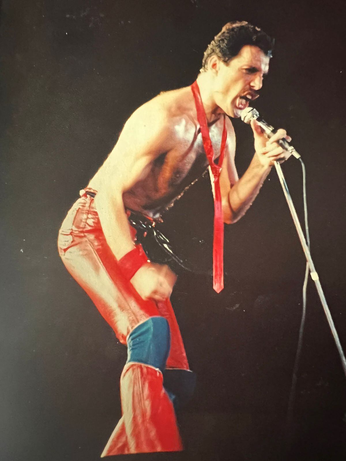 Freddie Mercury sobre el escenario del Estadio Mundialista de Mar del Plata. La foto fue tomada por Manuel Rodas, quien registró el audio del show